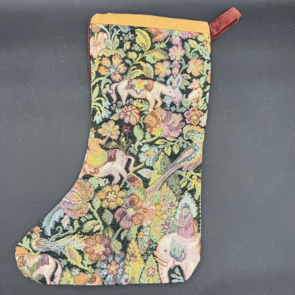 Vintage Tapestry Christmas Stocking Elephant Floral Print Velvet Trim‎ Holiday
